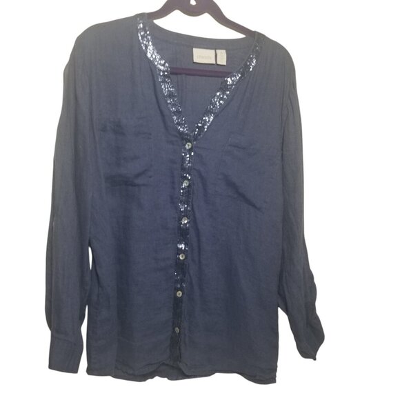 Chico's Women's Linen Navy Sequin Trim Crochet Back Accent Sz 3 US XL - Picture 1 of 7